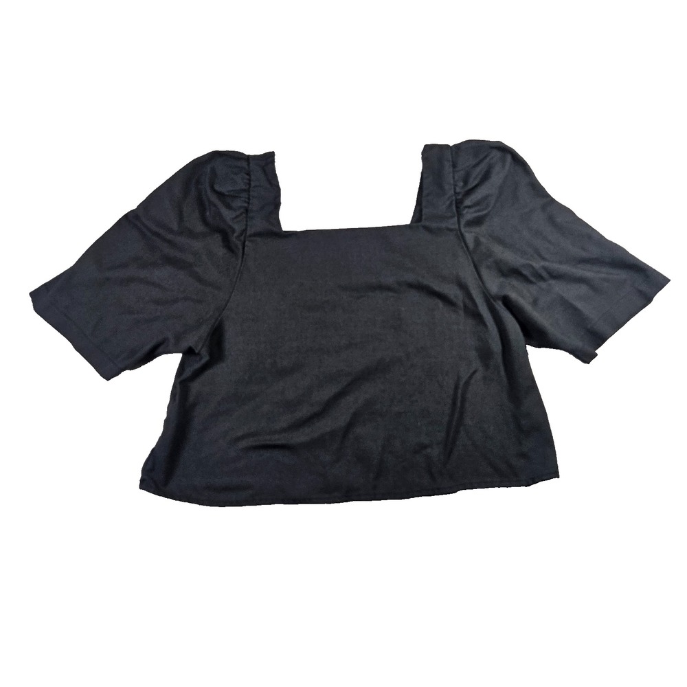 Miou Muse Womens Black Linen Blend Square Neck Puff Sleeve Crop Top Size M